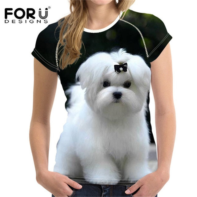 Camiseta de manga corta con estampado de perro maltés para mujer