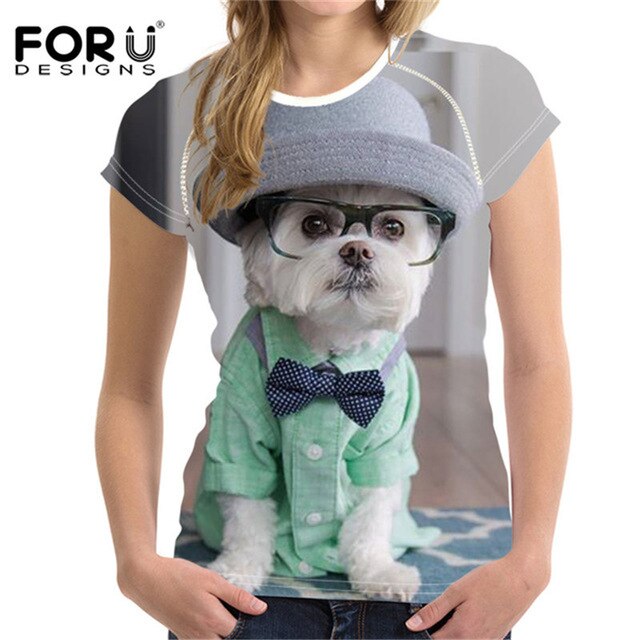 Camiseta de manga corta con estampado de perro maltés para mujer