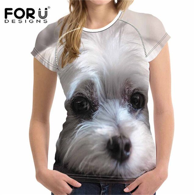 Camiseta de manga corta con estampado de perro maltés para mujer