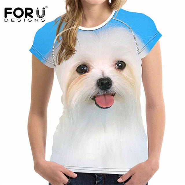 Camiseta de manga corta con estampado de perro maltés para mujer