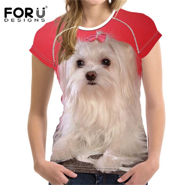 Camiseta de manga corta con estampado de perro maltés para mujer