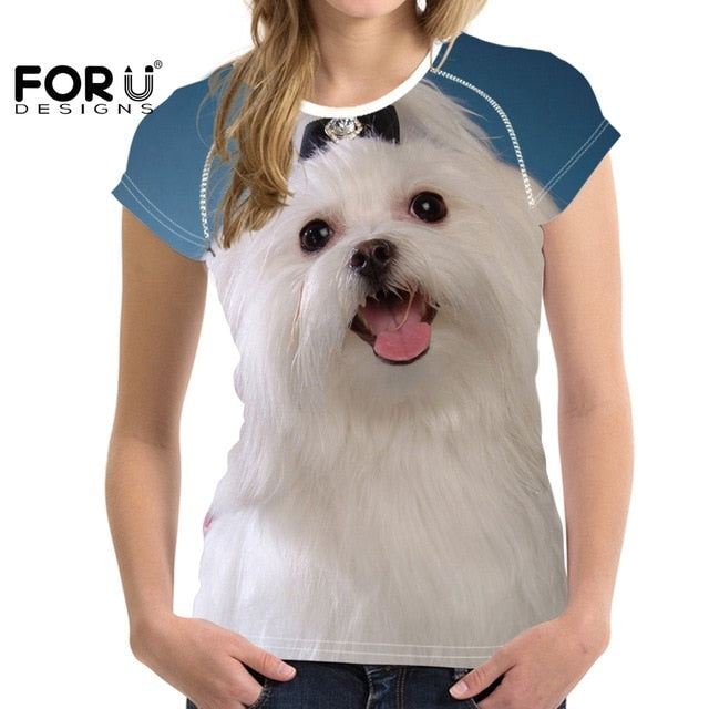 Camiseta de manga corta con estampado de perro maltés para mujer