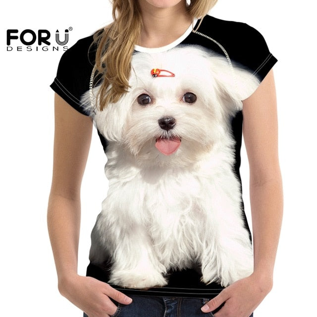 Camiseta de manga corta con estampado de perro maltés para mujer