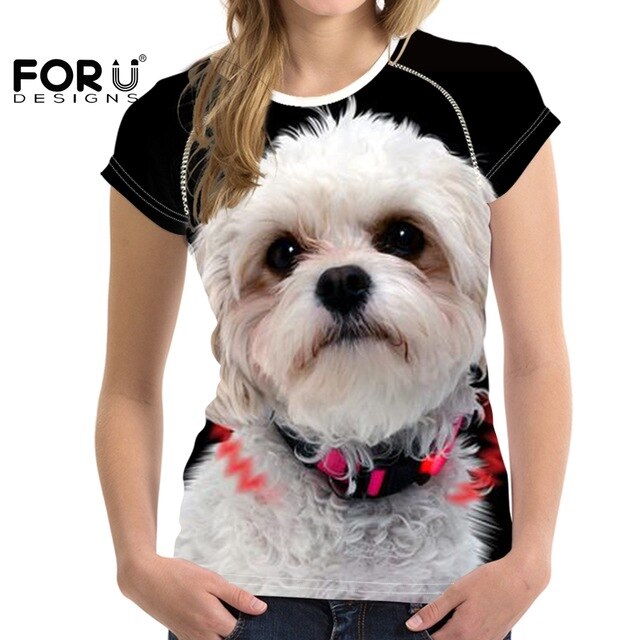 Camiseta de manga corta con estampado de perro maltés para mujer