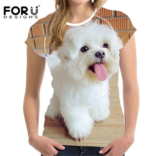 Camiseta de manga corta con estampado de perro maltés para mujer