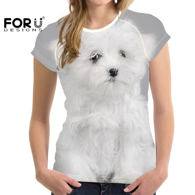 Camiseta de manga corta con estampado de perro maltés para mujer
