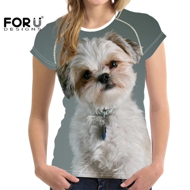 Camiseta de manga corta con estampado de perro maltés para mujer