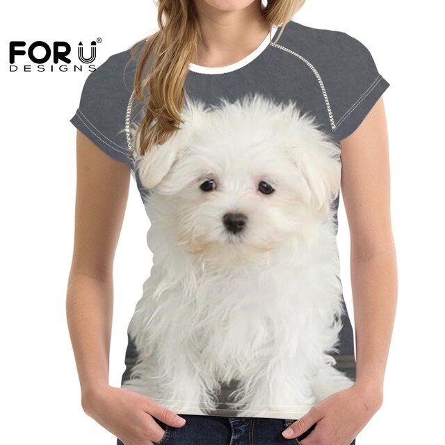 Camiseta de manga corta con estampado de perro maltés para mujer