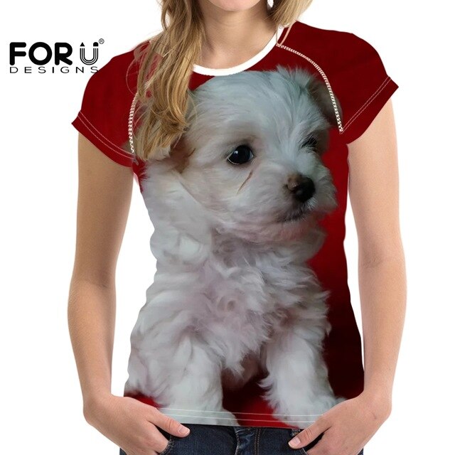 Camiseta de manga corta con estampado de perro maltés para mujer