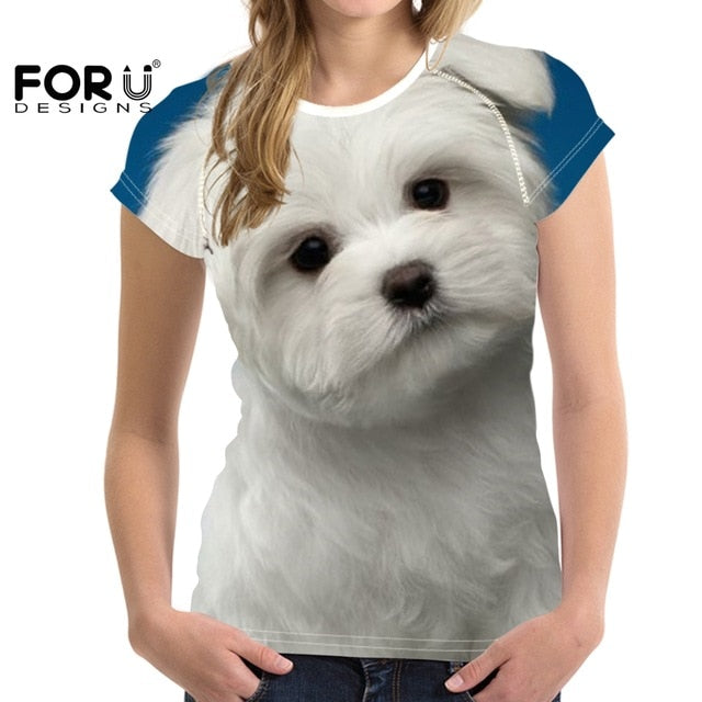 Camiseta de manga corta con estampado de perro maltés para mujer