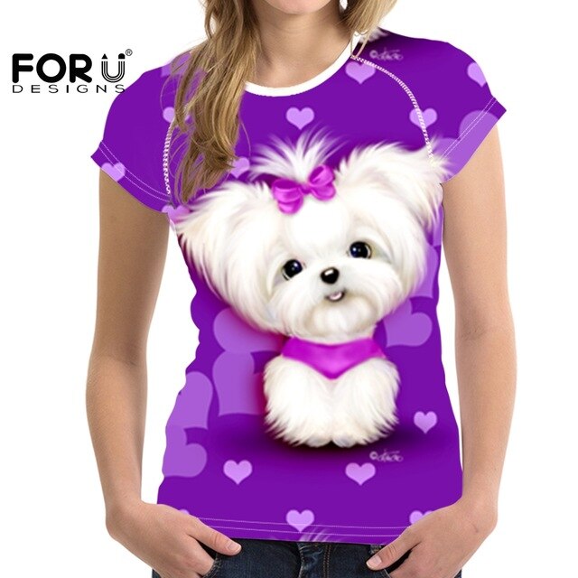 Camiseta de manga corta con estampado de perro maltés para mujer
