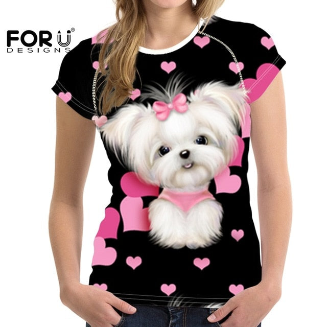 Camiseta de manga corta con estampado de perro maltés para mujer