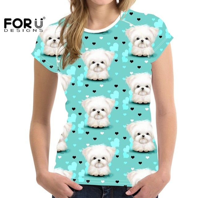 Camiseta de manga corta con estampado de perro maltés para mujer