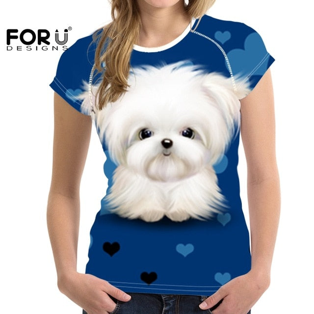 Camiseta de manga corta con estampado de perro maltés para mujer
