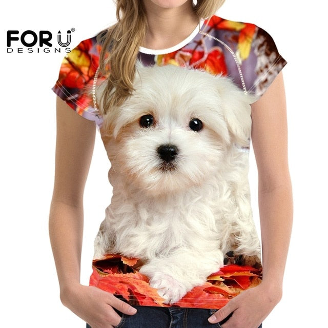 Camiseta de manga corta con estampado de perro maltés para mujer