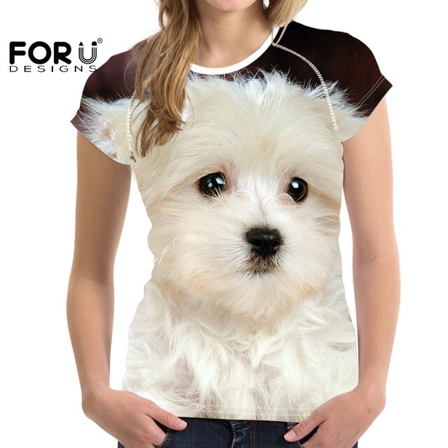 Camiseta de manga corta con estampado de perro maltés para mujer