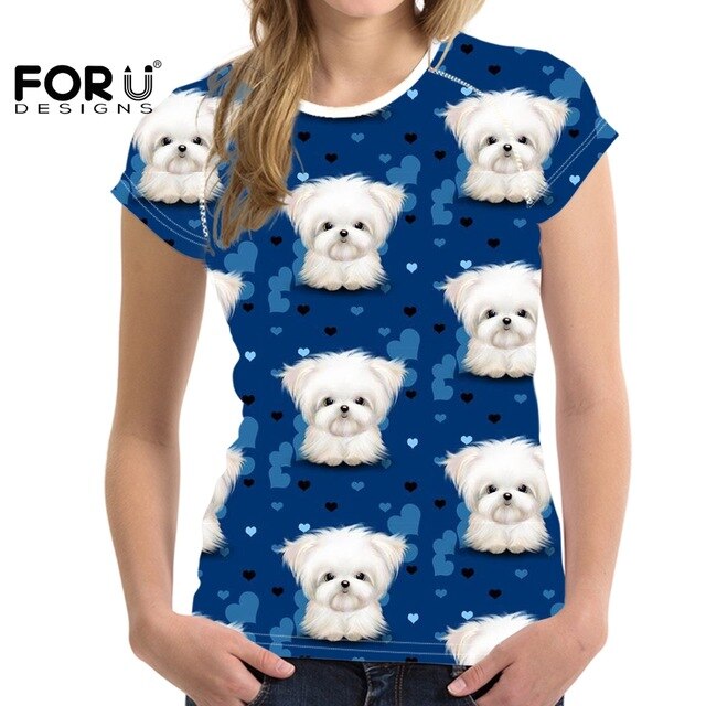 Camiseta de manga corta con estampado de perro maltés para mujer
