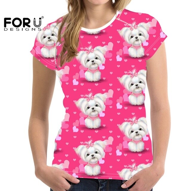 Camiseta de manga corta con estampado de perro maltés para mujer