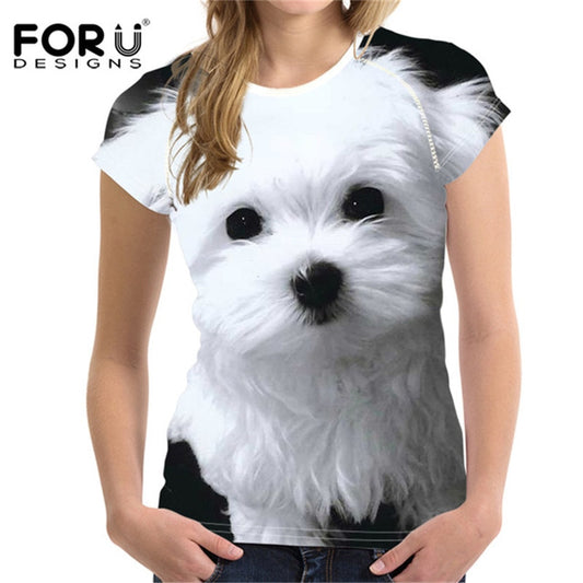 Camiseta de manga corta con estampado de perro maltés para mujer