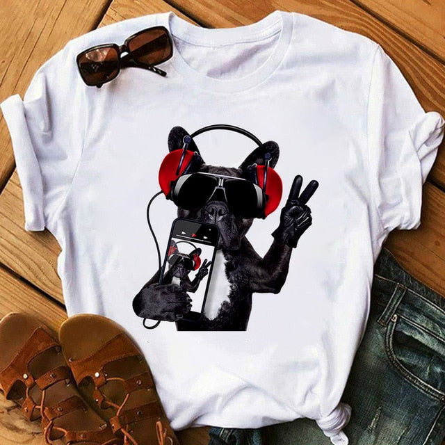 Harajuku women's music dog printing T-shirt summer fashion funny sports dog T shirt casual short-sleeved female Tshirt clothing