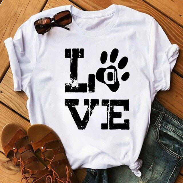 Nueva camiseta para mujer con forma de pata de perro y corazón de amor