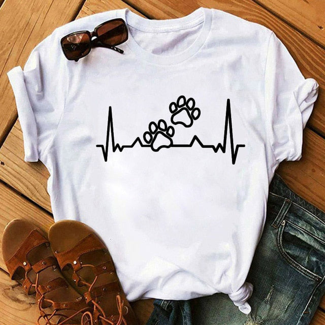 Nueva camiseta para mujer con forma de pata de perro y corazón de amor