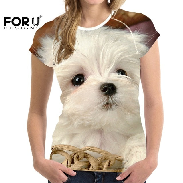 Camiseta de manga corta con estampado de perro maltés para mujer